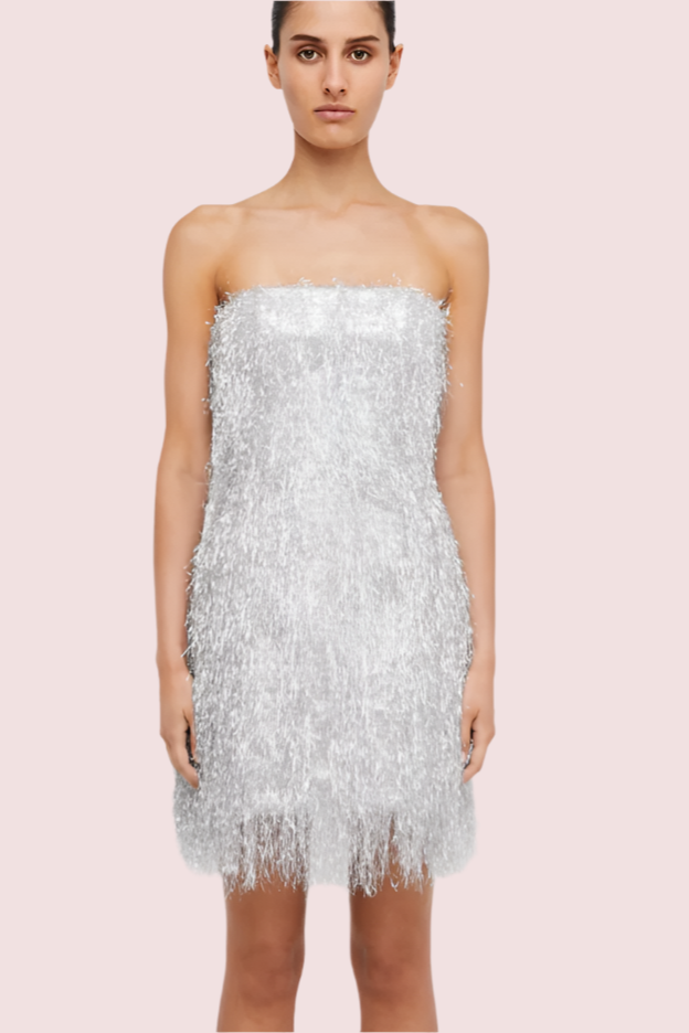 silver tinsel dress French Connection Tinsel Treat Sheath Dress