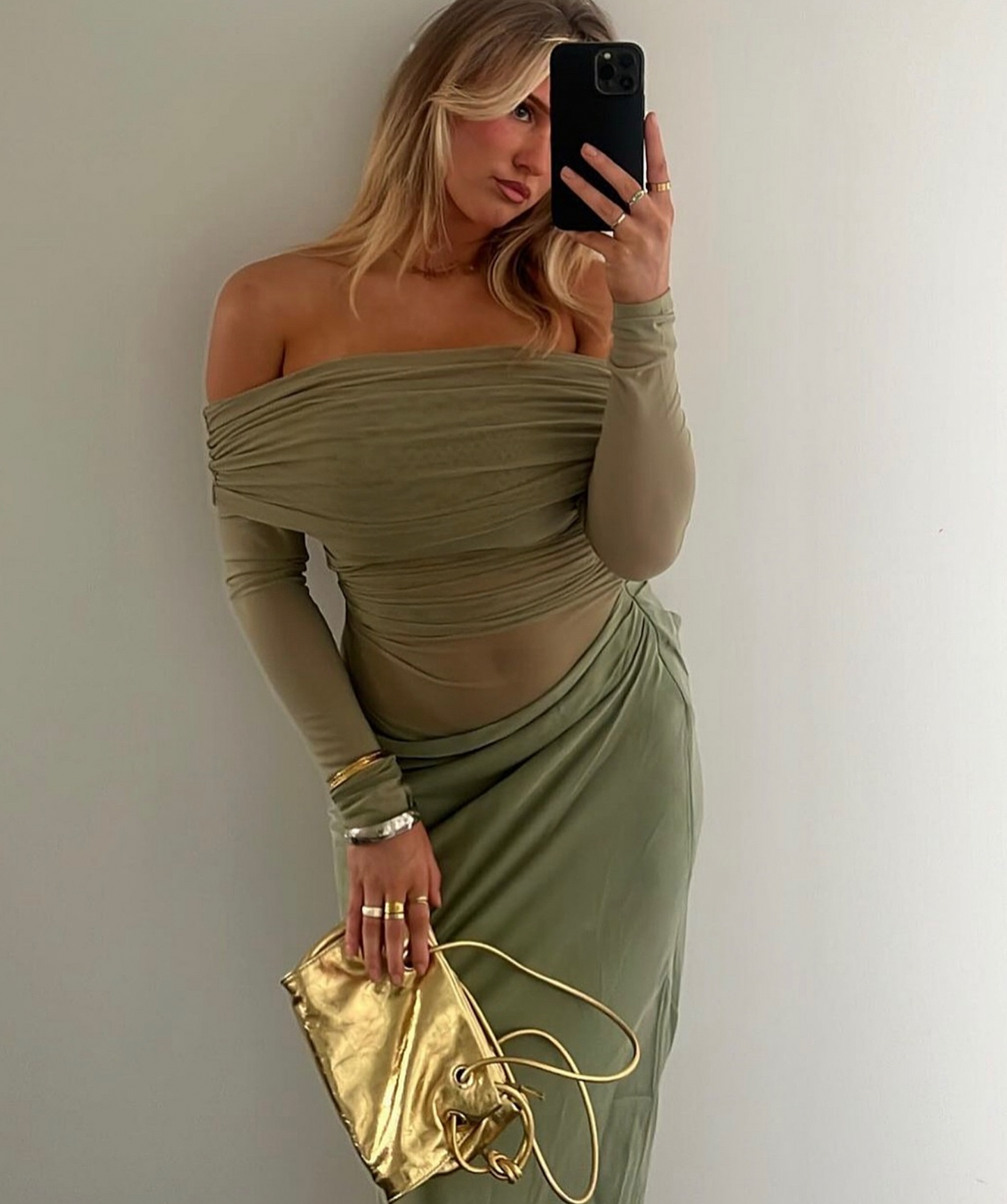 Benni Yasmin Off-Shoulder Maxi Dress Pistachio Size 6,8