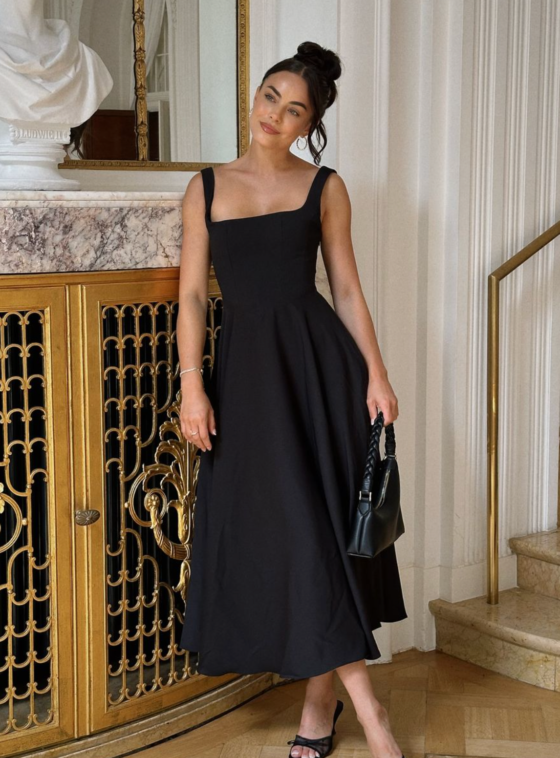 Odd Muse High Waist Square Neck Midi Dress Black Size 8,10,12