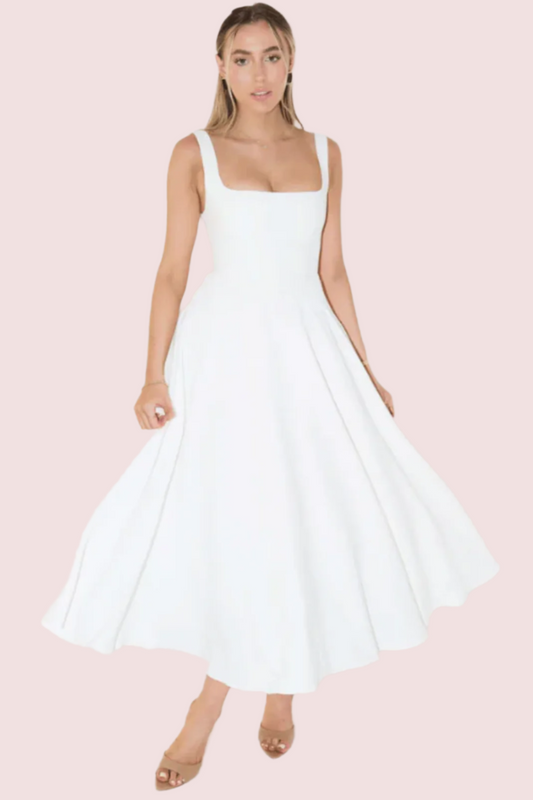 Odd Muse High Waist Square Neck Midi Dress White Size 10