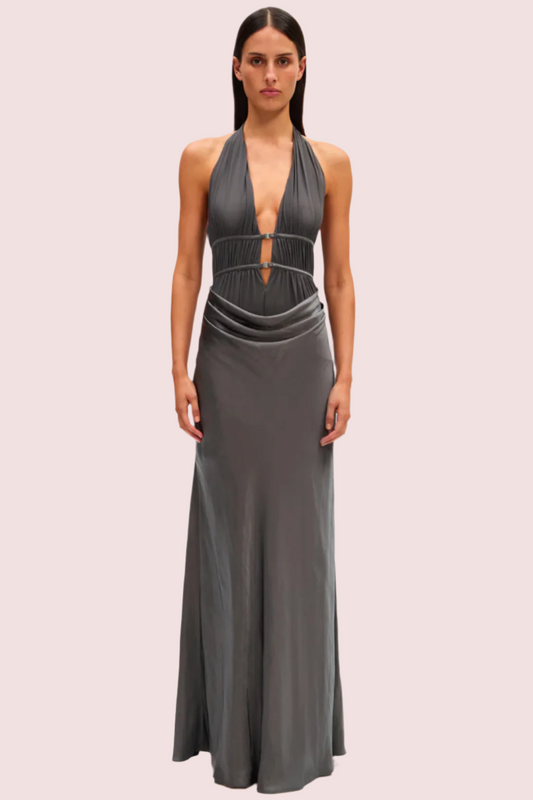 Misha Celine Maxi Satin Dress Pewter Size 10