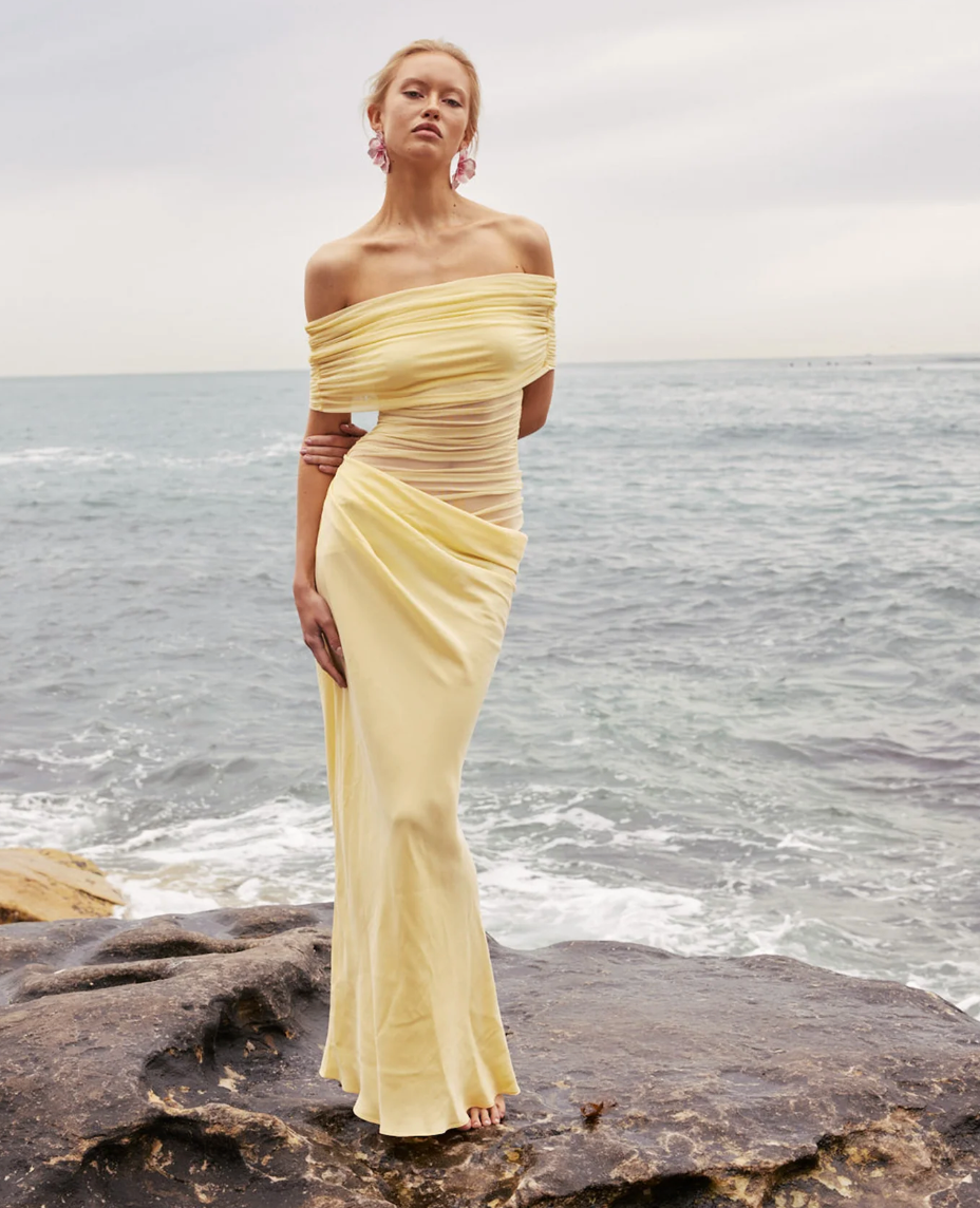 Benni Nico Off Shoulder Maxi Dress Butter Yellow Size 8,10