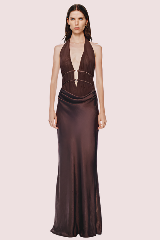Misha Celine Satin Maxi Dress Umber Brown Size 8