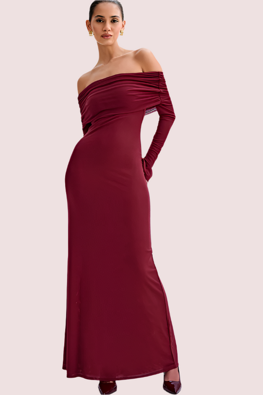 Meshki Josie Off Shoulder Mesh Dress Burgundy Size 8