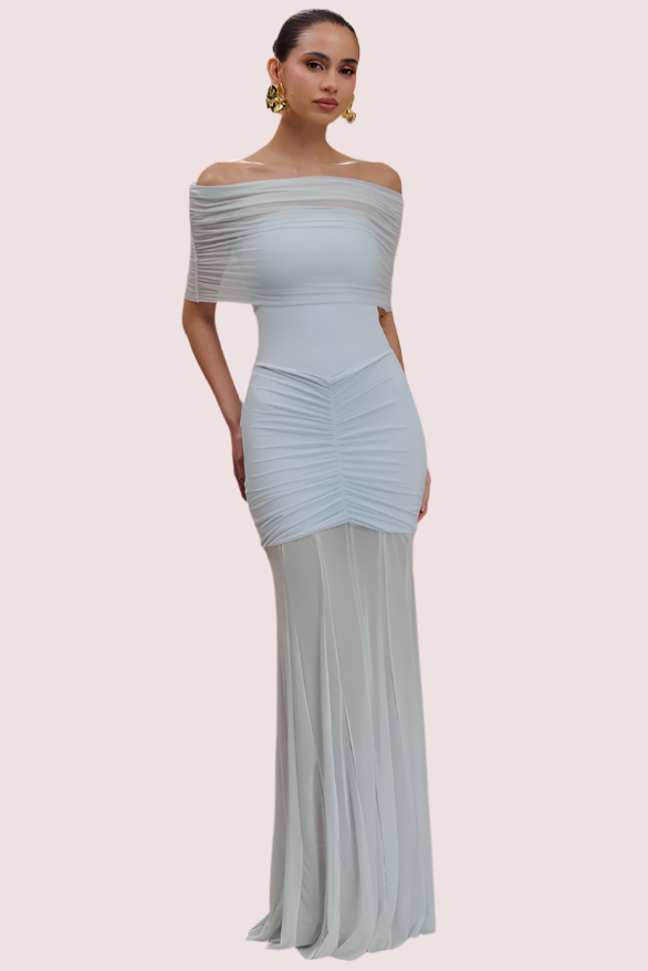 slinky and mesh off shoulder maxi dress Caspian Slinky Maxi Dress Coast Clothing Hire