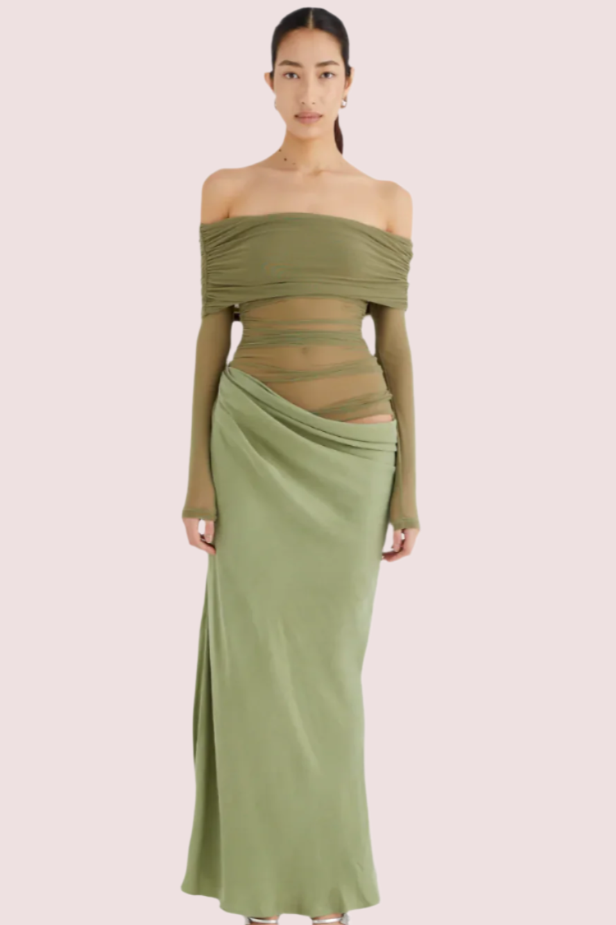 Benni Yasmin Off-Shoulder Maxi Dress Pistachio Size 6,8
