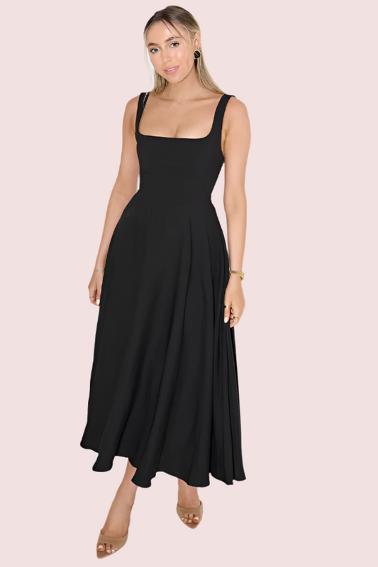 Odd Muse High Waist Square Neck Midi Dress Black Size 8,10,12