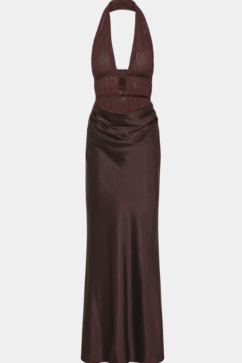Misha Celine Satin Maxi Dress Umber Brown Size 8