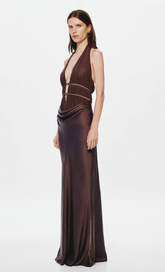 Misha Celine Satin Maxi Dress Umber Brown Size 8