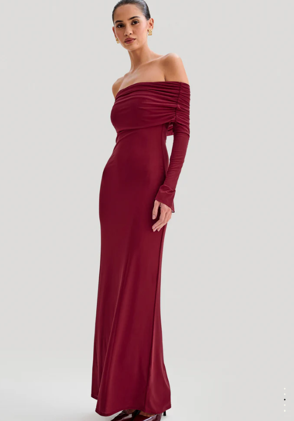 Meshki Josie Off Shoulder Mesh Dress Burgundy Size 10