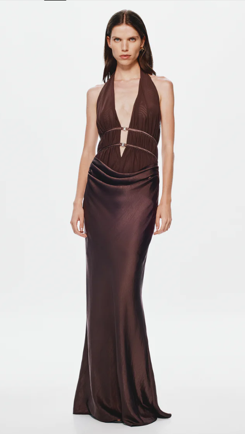 Misha Celine Satin Maxi Dress Umber Brown Size 8