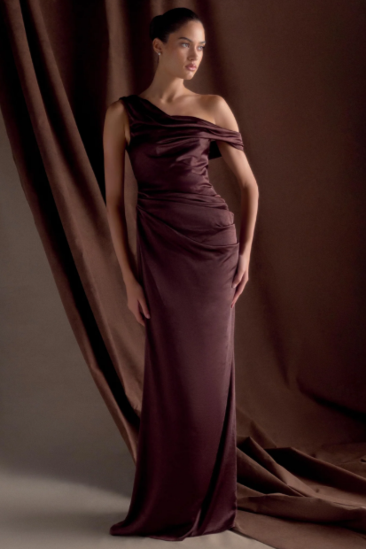 Meshki Dalia Off Shoulder Satin Dress Chocolate Brown Size 8