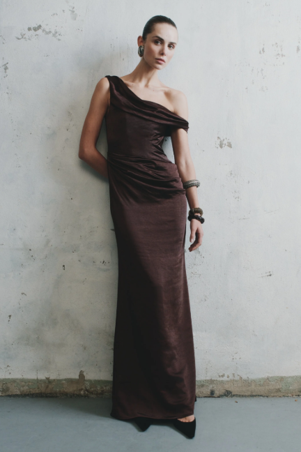 Meshki Dalia Off Shoulder Satin Dress Chocolate Brown Size 8