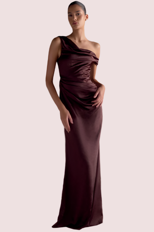 Meshki Dalia Off Shoulder Satin Dress Chocolate Brown Size 8