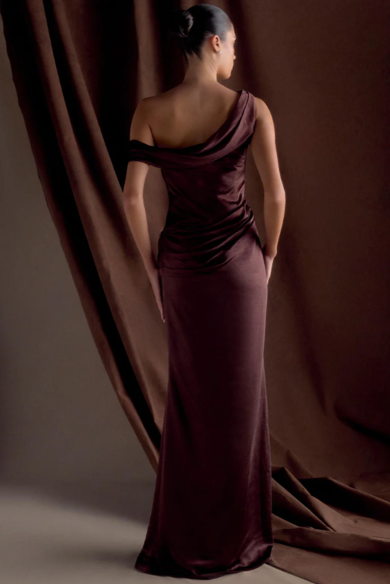 Meshki Dalia Off Shoulder Satin Dress Chocolate Brown Size 8