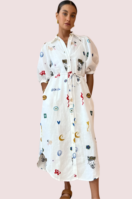 Alemais Soleil Embroided Linen Shirtdress Size 10