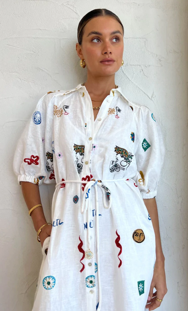 Alemais Soleil Embroided Linen Shirtdress Size 10