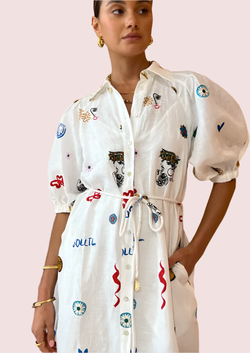 Alemais Soleil Embroided Linen Shirtdress Size 10