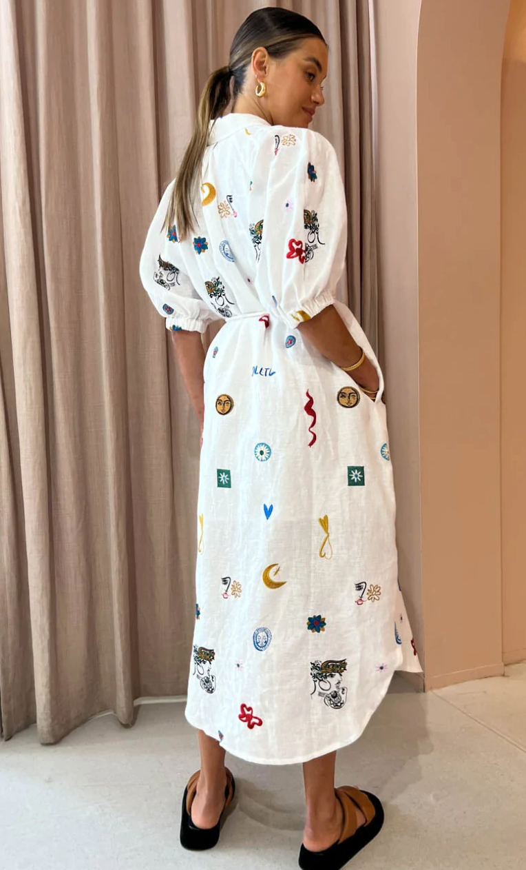 Alemais Soleil Embroided Linen Shirtdress Size 10