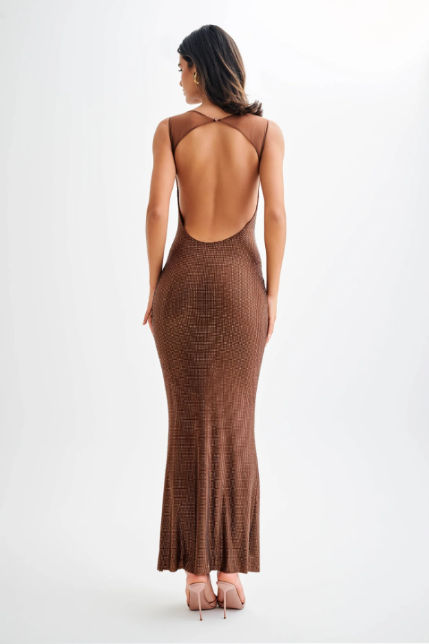 Meshki Jasmyn Hot Fix Maxi Dress Brown Size 8