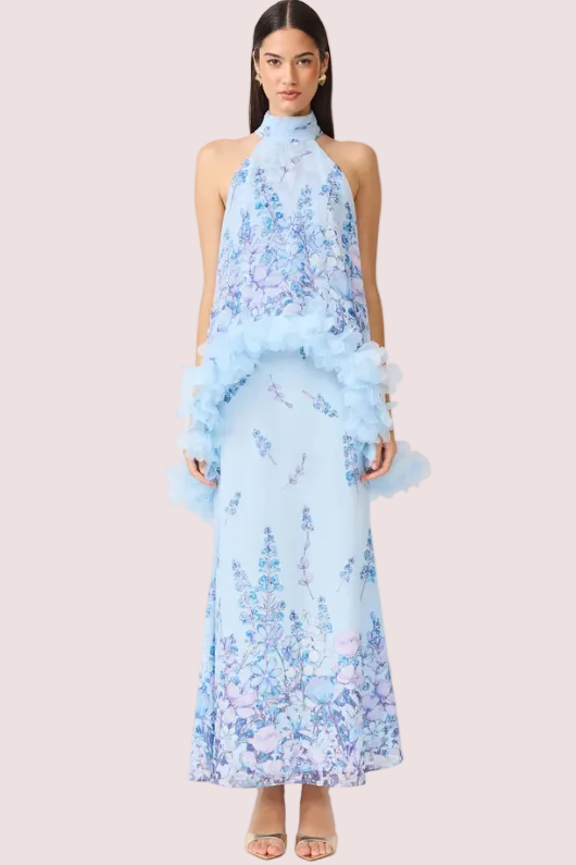 Elliatt Tulsia Floral Cape Maxi Dress Light Blue Size 8