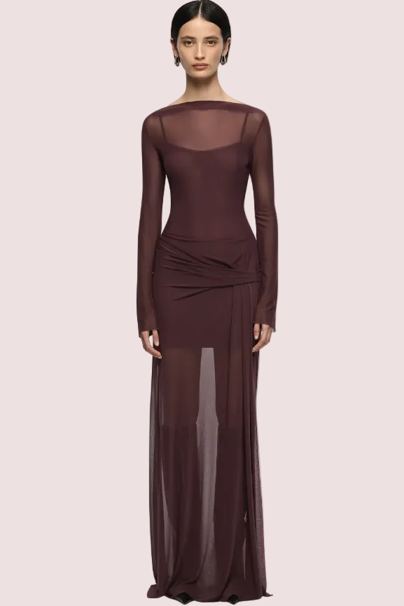 Bec and Bridge Marabou Long Sleeve Maxi Dress Brown Aubergine Size 10
