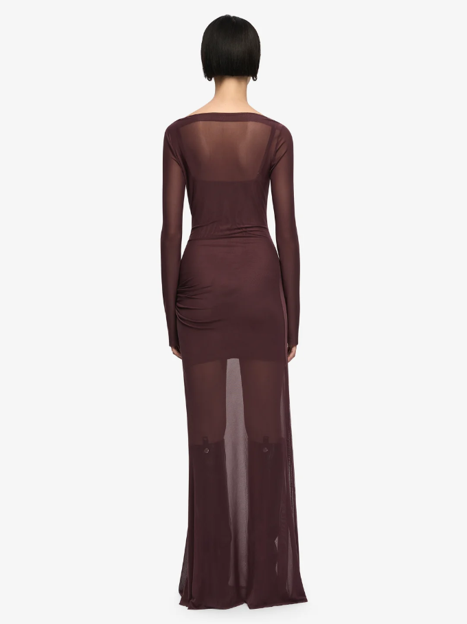 Bec and Bridge Marabou Long Sleeve Maxi Dress Brown Aubergine Size 10