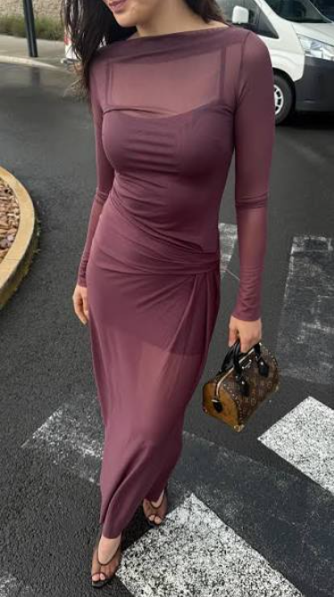 Bec and Bridge Marabou Long Sleeve Maxi Dress Brown Aubergine Size 10