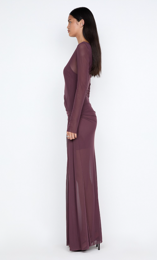 Bec and Bridge Marabou Long Sleeve Maxi Dress Brown Aubergine Size 10