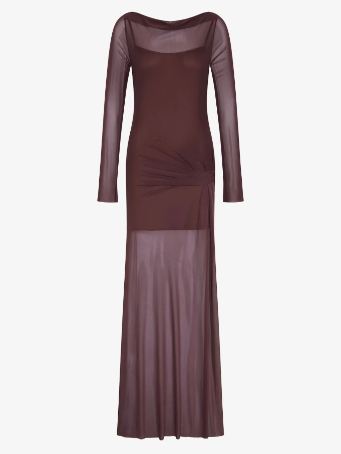 Bec and Bridge Marabou Long Sleeve Maxi Dress Brown Aubergine Size 10