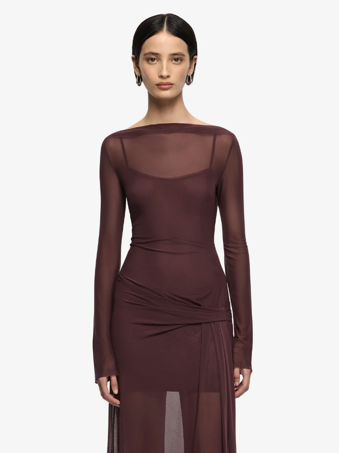 Bec and Bridge Marabou Long Sleeve Maxi Dress Brown Aubergine Size 10