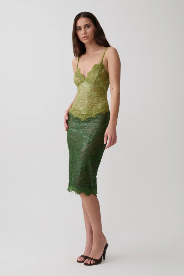 Meshki Jaimee Lace Midi Dress Tonal Green Size 10