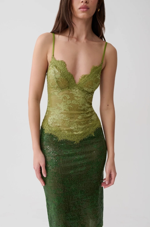 Meshki Jaimee Lace Midi Dress Tonal Green Size 10