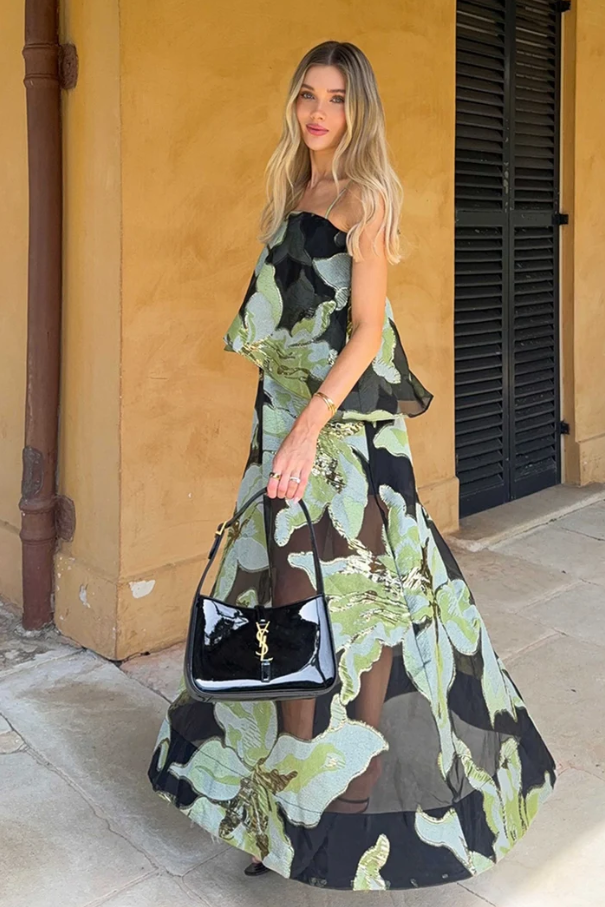 Elliatt Elysia Tiered Gown - Black & Green Floral Size 10,12,14