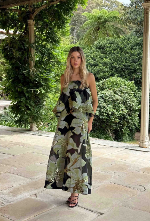 Elliatt Elysia Tiered Gown - Black & Green Floral Size 10,12,14