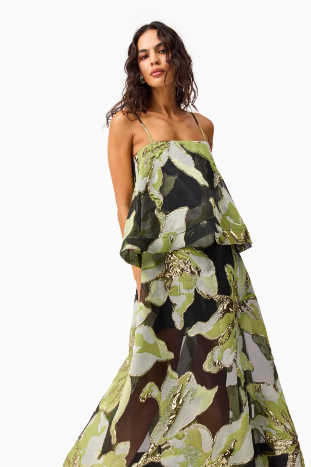 Elliatt Elysia Tiered Gown - Black & Green Floral Size 10,12,14