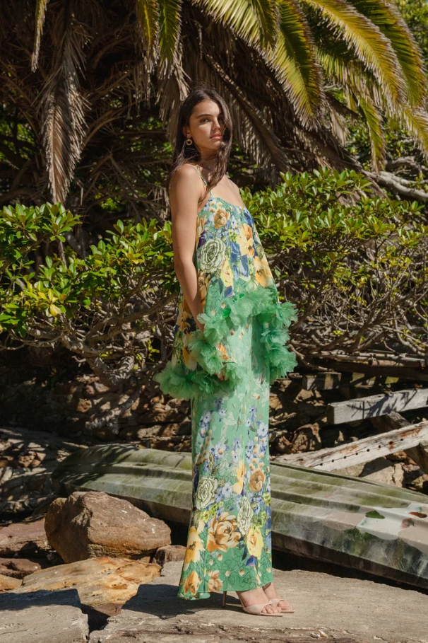 Elliatt Jamie Tiered Maxi Dress in Green Floral Size 10