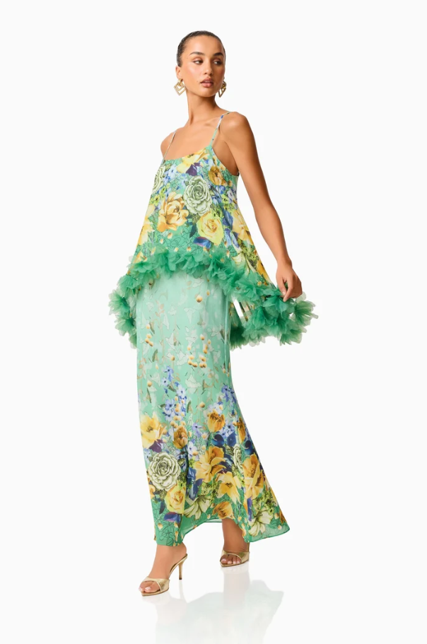 Elliatt Jamie Tiered Maxi Dress in Green Floral Size 10