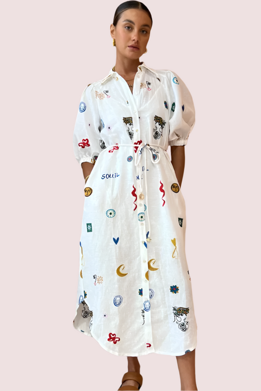 Soleil Embroided Linen Shirtdress Size 10