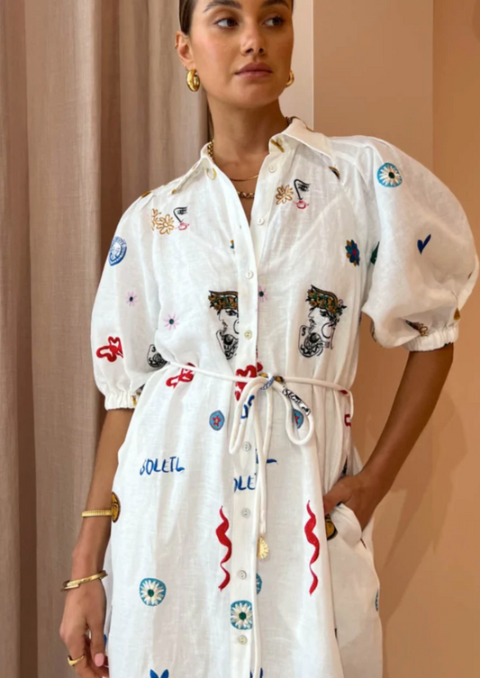 Soleil Embroided Linen Shirtdress Size 10